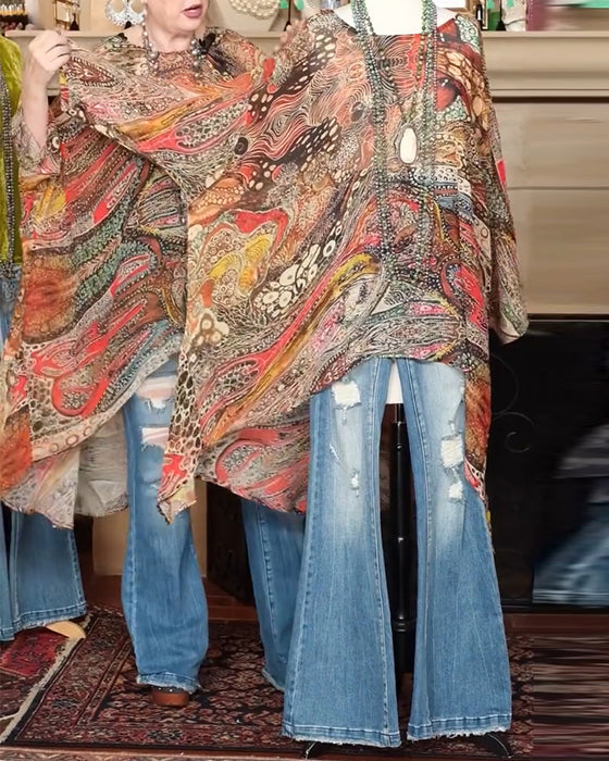 Bluse Løs Flaggermusermet Trykk