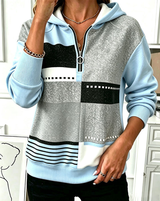 Hoodie Halv Glidelås Kontrast Geometrisk Trykk