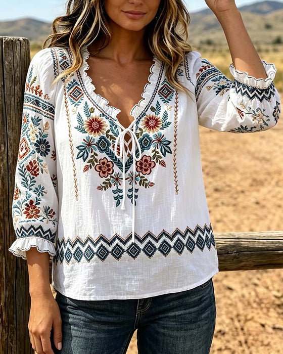 Bluse V-Hals Bohemisk Ruffle