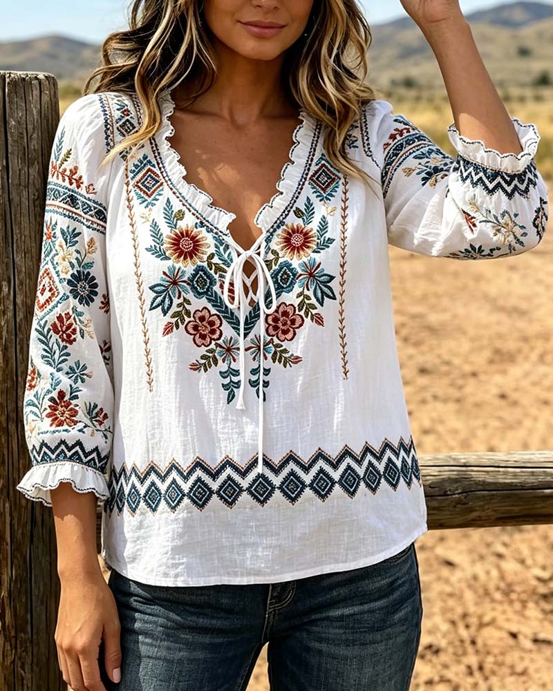 Bluse V-Hals Bohemisk Ruffle