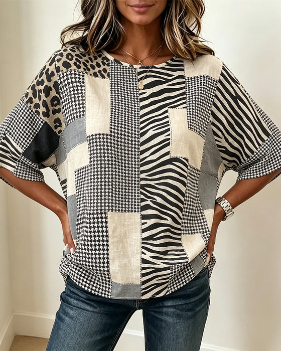 Bluse Rundhalset Lappeteppe Rutet Leopard
