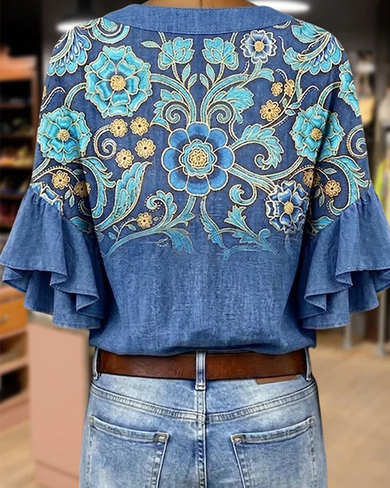 Bluse Bohemisk Trykk V-Utringning Vintage