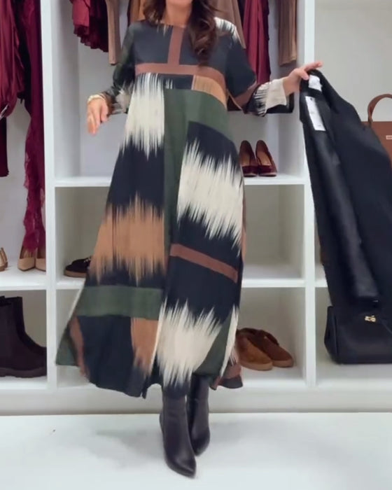 Stilfull Trykt Kjole Med Rund Hals Og Lange Ermer