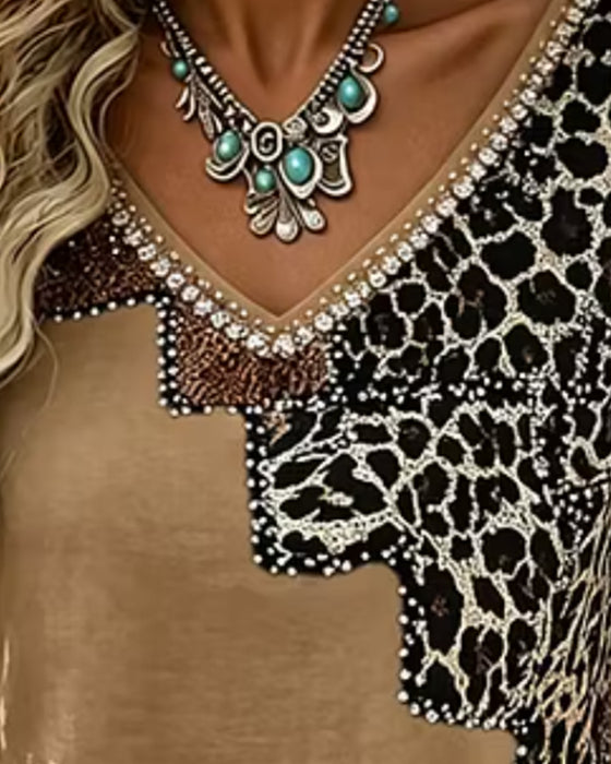 Bluse V-Hals Leopard Trykk