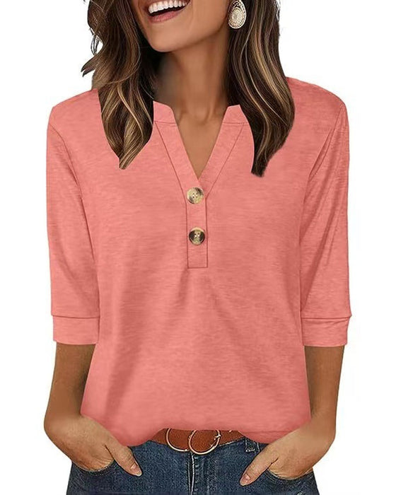 Bluse V-Hals Knappet Trekvart Erme