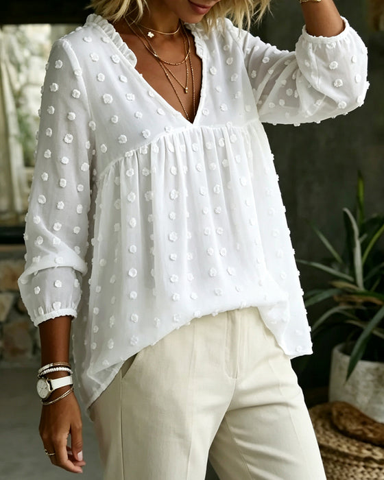 Bluse V-Hals Lang Erme Plissert