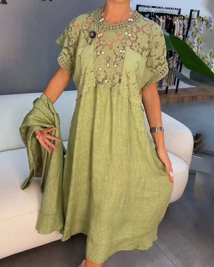 Kjole Elegant Blondekant Patchwork Maxi