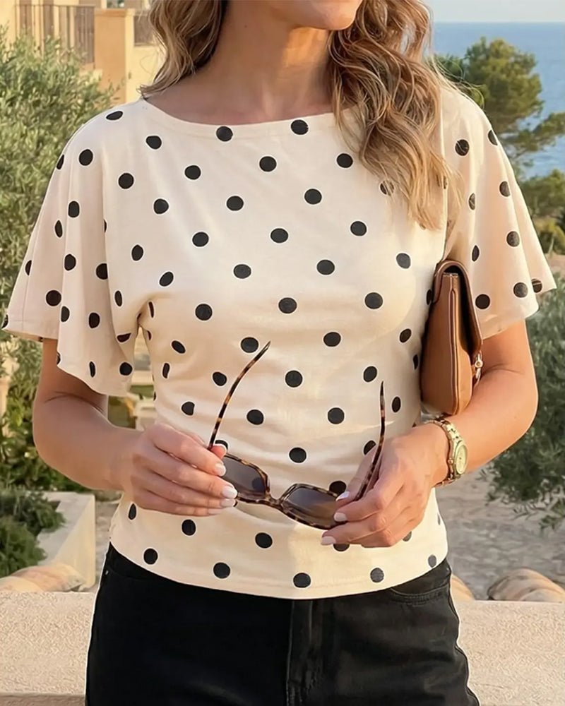 T-Shirt Prikket Midjekniping Rund Hals Kort Erme