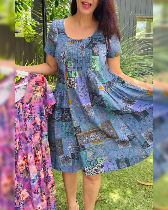 Kjole Rund Hals Plissert Trykt A-Linje