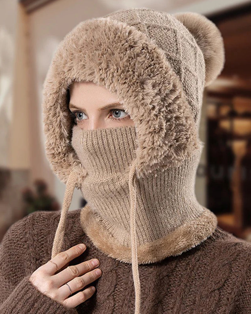 🔥Stilig Tykkstrikket Vinterlue – Med Varmt Ansiktsskjold Og Skjerf🧣