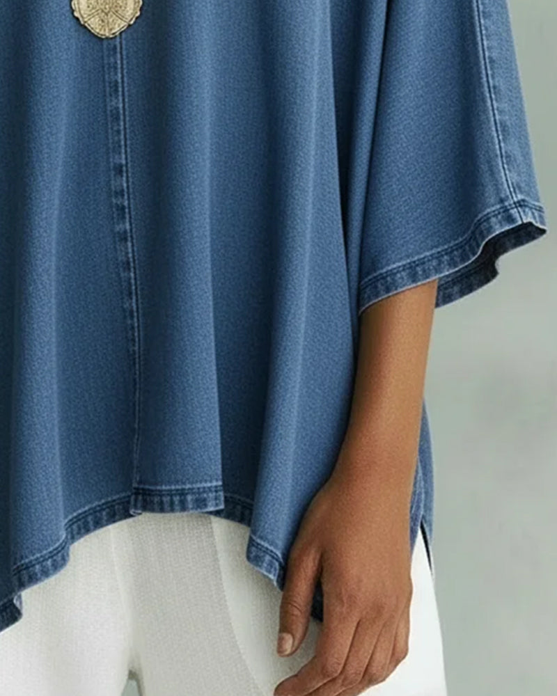 Bluse Med Uregelmessig V-Hals I Løs Denim