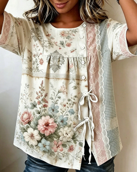 Bluse Retro Blomstermønster Avslappet