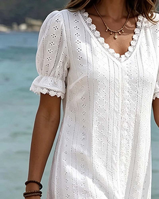 Kjole Solid V-Hals Blonder Patchwork Boble Erme