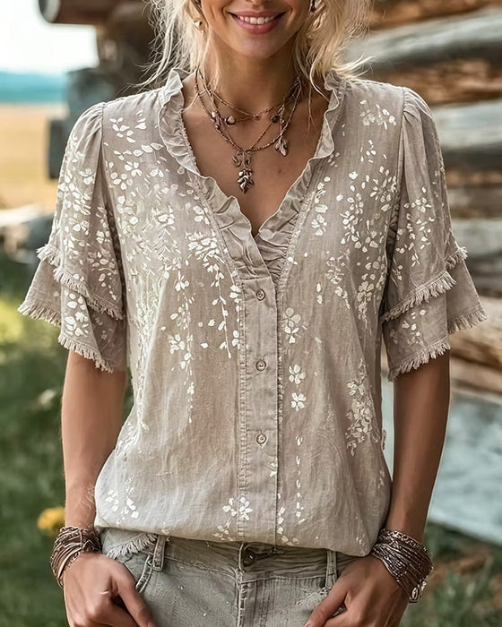 Bluse V-Hals Blondekant Fryns Trykk