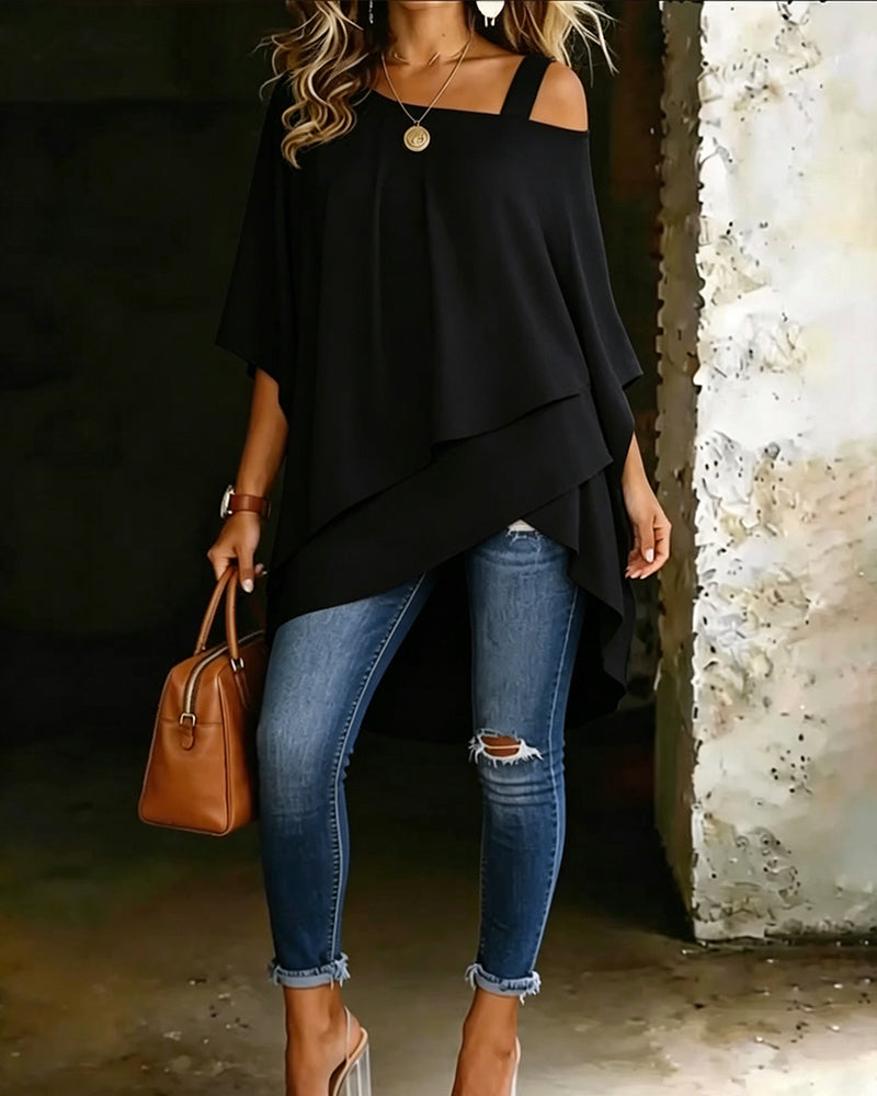 Bluse Asymmetrisk Cold Shoulder Ensfarget Avslappet