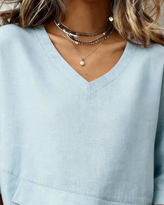 Topp V-hals Løvende Bomull Og Lerrets Skjorte