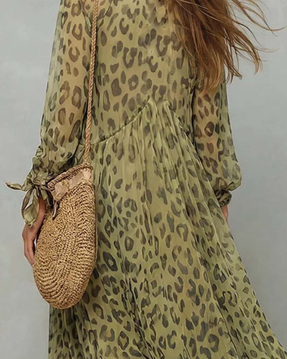 Kjole V-Hals Lang Erme Leopard Maxi