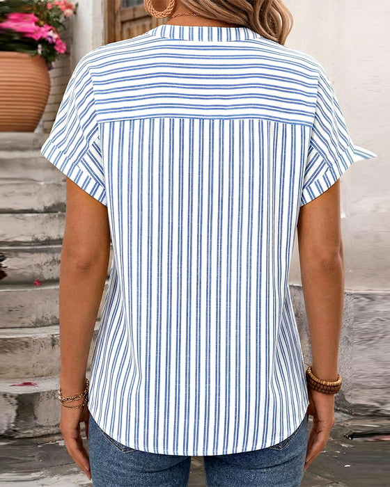 Bluse Stripe V-Hals Knapp Patchwork