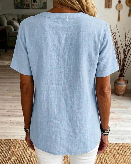 Bluse Ensfarget Løs Passform Kort Erme
