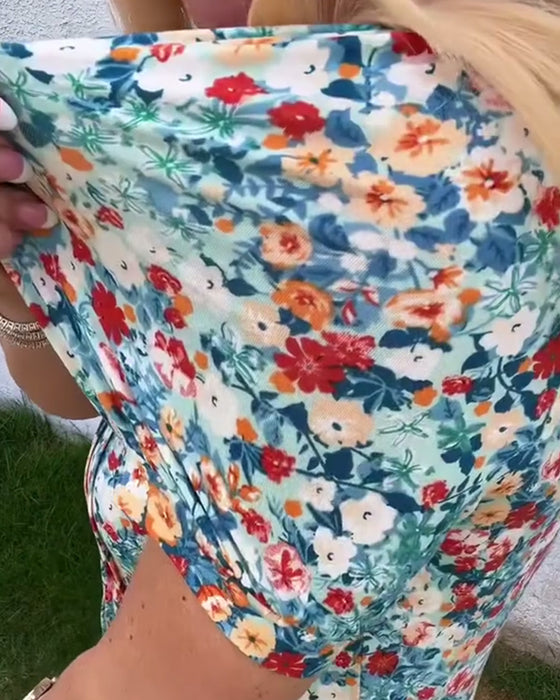 Bluse Kortermet Blomstertrykk Plissert