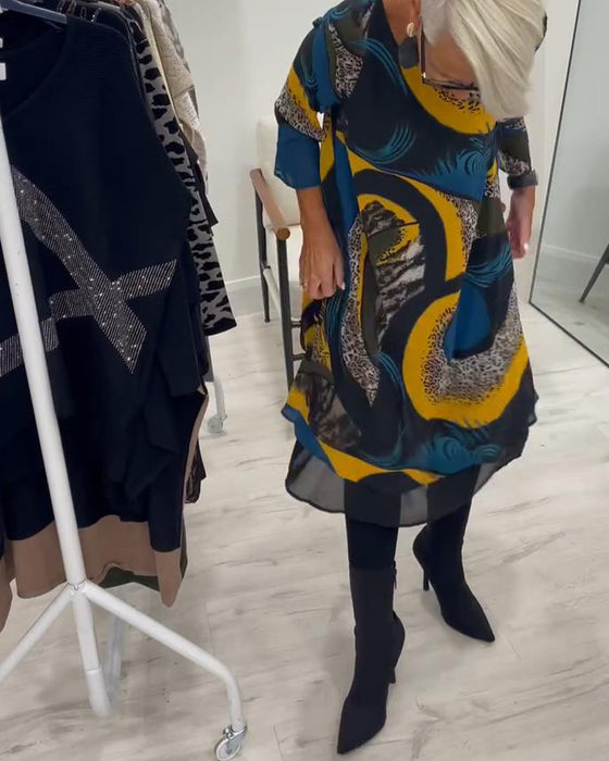 Elegant Trykt Kjole Med Rund Hals