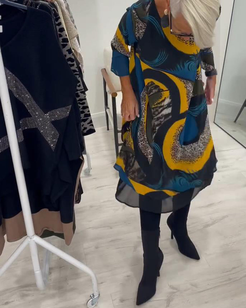 Elegant Trykt Kjole Med Rund Hals