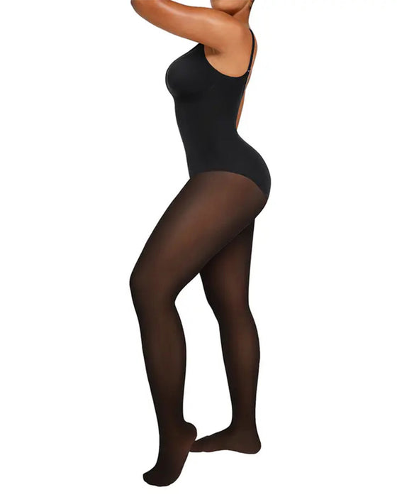 Gjennomsiktig Panel Med Fleeceforet Tights Stay-Warm Magekontroll Sheer Effekt Tights Bodysuit Svart Basic