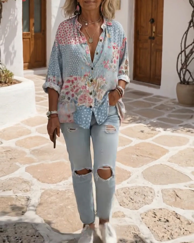 Skjorte Med Småblomstret Print Og Ståkrage