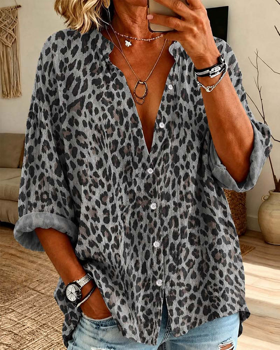 Skjorte V-Hals Knapp Leopard Lang Erme