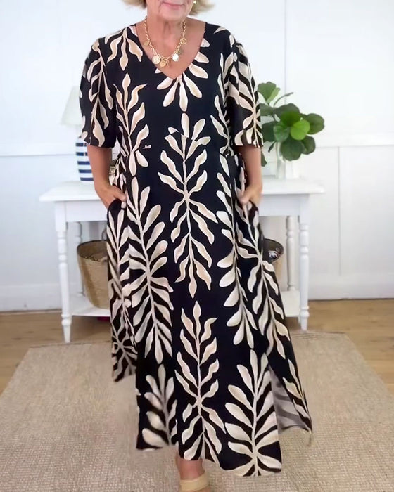 Kjole V-Hals Løs Kort Erme Trykt