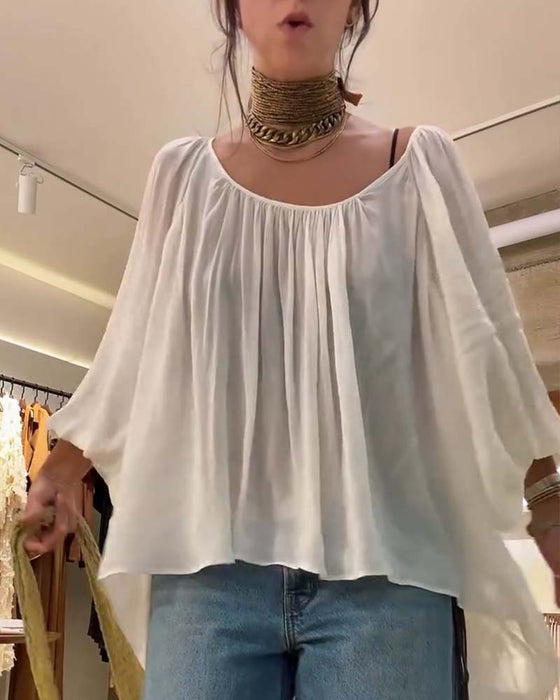 Bluse Puff Lanterne Erme Rynket Rund Hals