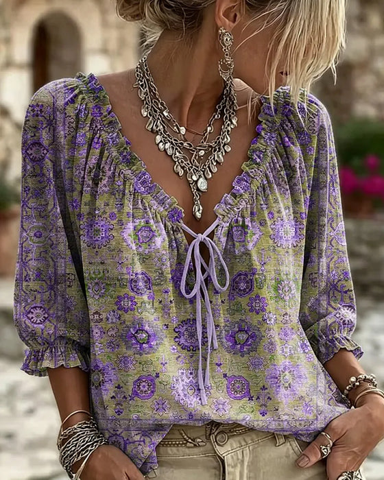 Bluse V-Hals Knyting Vintage Trykk