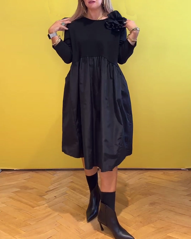 Ensfarget casual kjole med rund hals