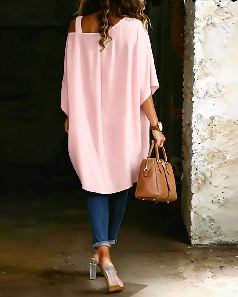 Bluse Asymmetrisk Cold Shoulder Ensfarget Avslappet