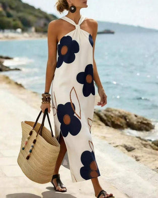 Kjole Kors Halter Blomstret Splitt Maxi