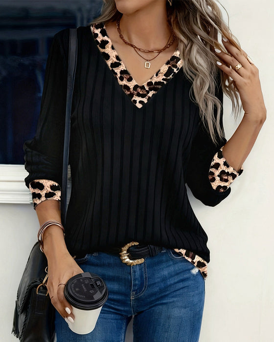 Topp Lang Erme V-Hals Leopard Patchwork