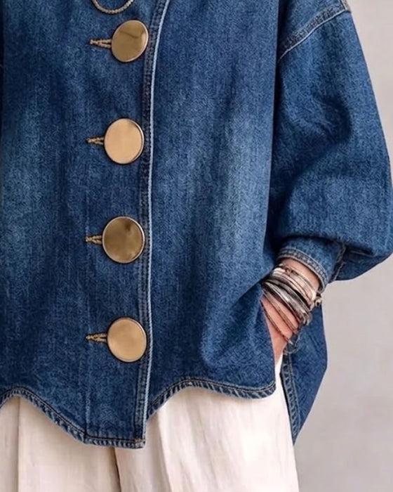 Frakk Rull Knappet Puff Erme Denim