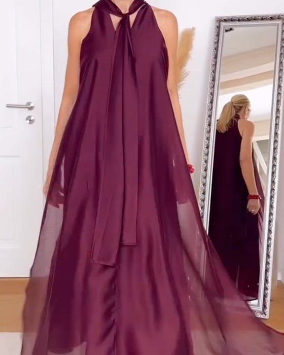 Kjole Halsringning Maxi Skjørt Solid Lett Chiffon