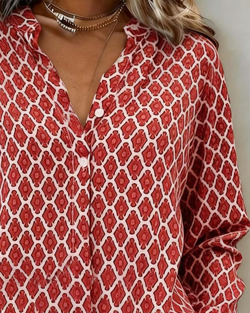 Skjorte V-Hals Diamantmønster Trykt