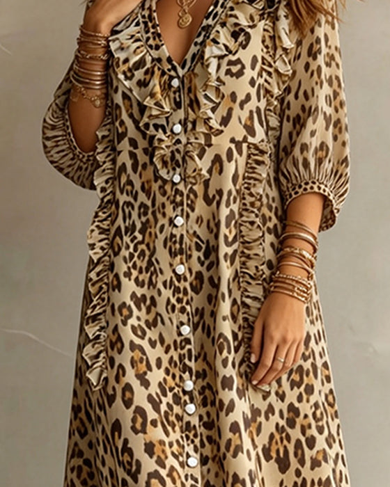 Kjole Leopardtrykk Rynkekant Fall Maxi