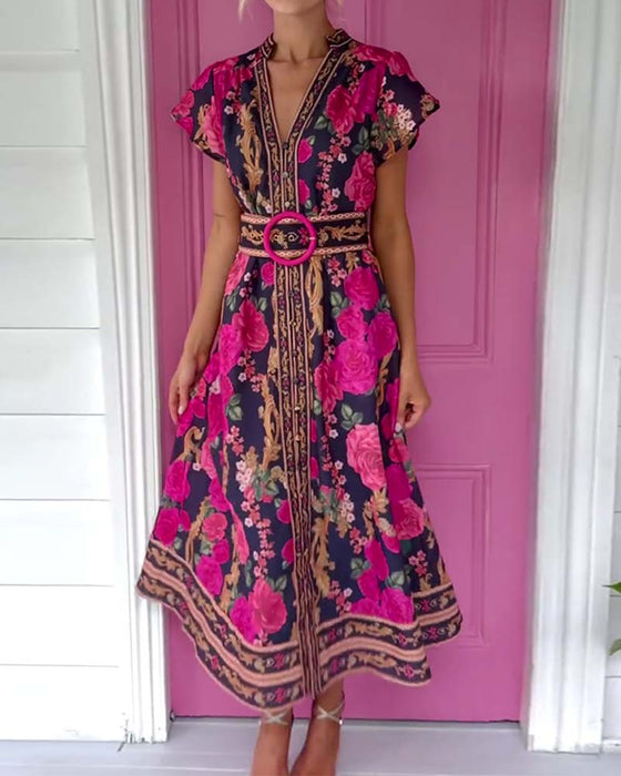 Kjole V-Hals Rose Trykk