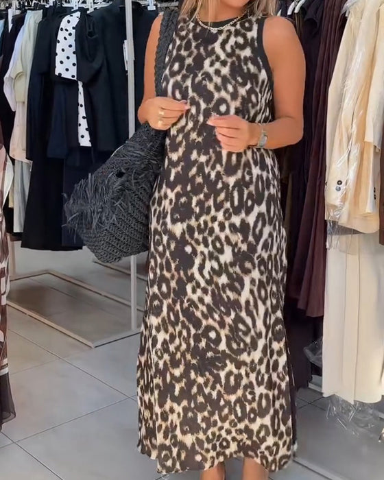 Kjole Rundhalset Leopardmønster Ermeløs Maxi