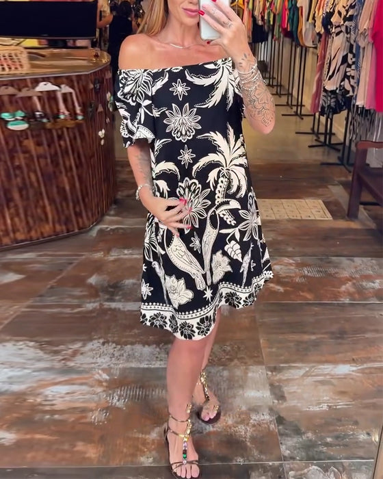 Kjole Bred Krage Rett Halsringning Trykt