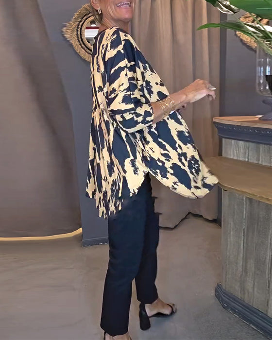 Bluse Rund Hals Trykt Splitt