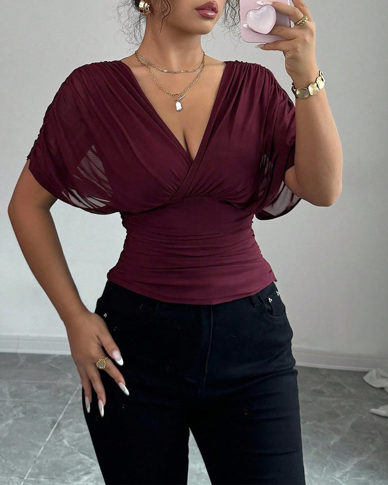 Bluse Solid Farge Dyp V-Hals Midje Kort Erme