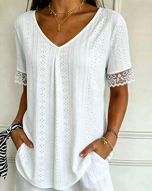 Bluse V-Hals Hul Blonde Sammenføyning