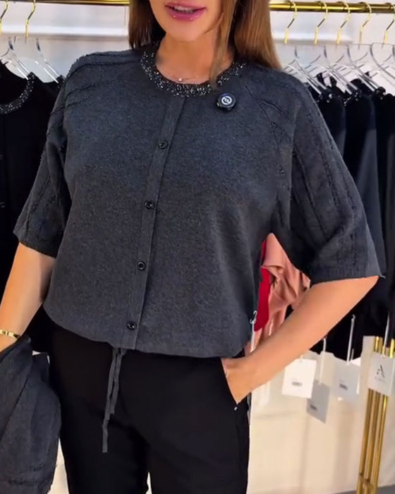 Pullover Rund Hals Kort Erme Enkeltknappet
