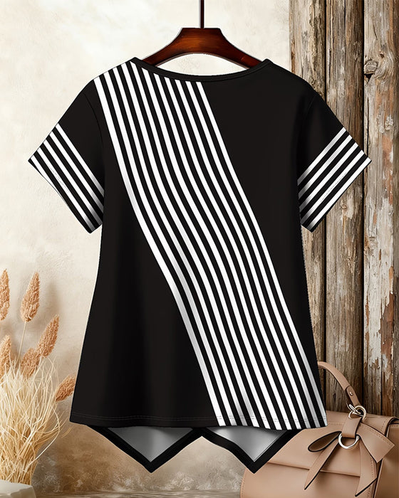 T-Shirt Diagonal Stripe Patchwork Rundhalset