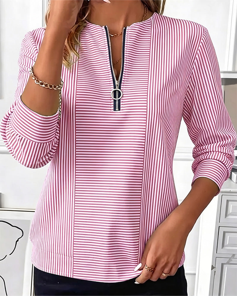 Bluse Stripet Patchwork Glidelås Opp