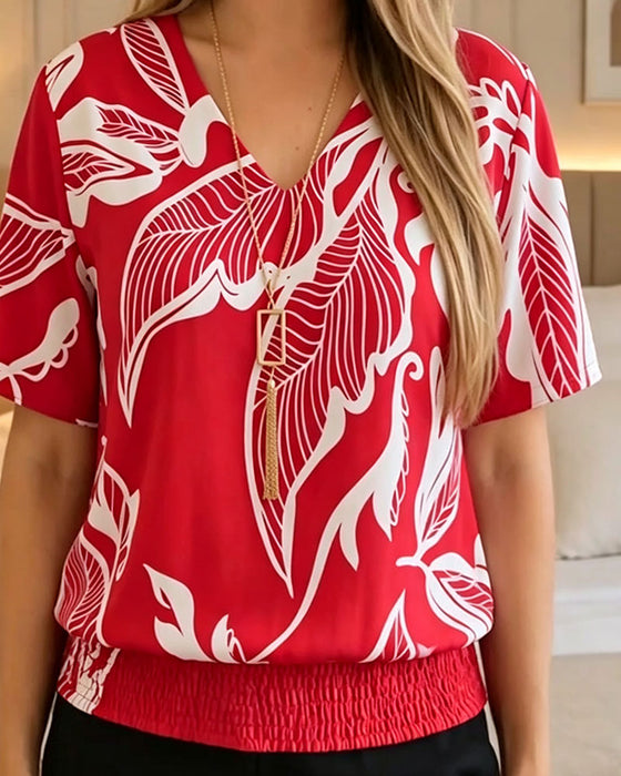 Bluse Blomstertrykk Strikk Kant Kortermet